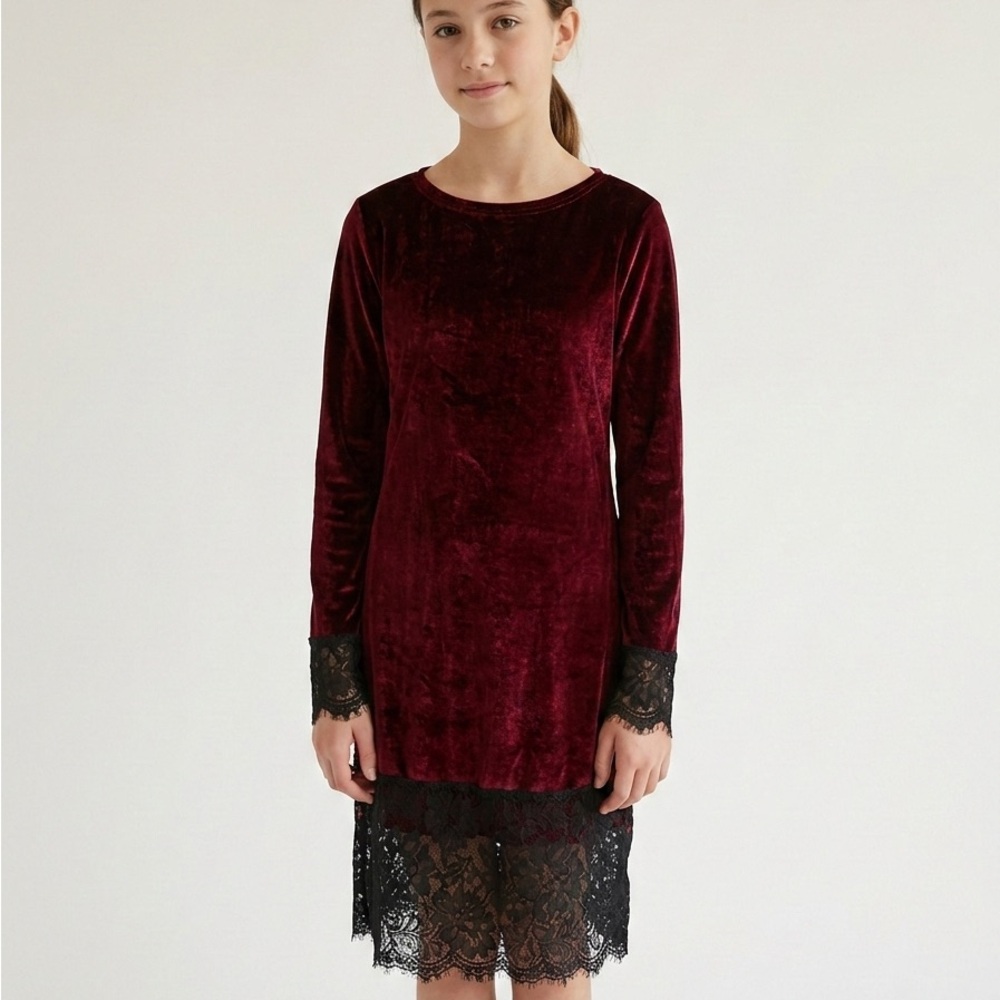 NWT iYAEGE Burgundy Velvet & Lace Holiday Dress | Junior Large 12/14